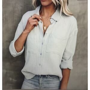 NWT Miou Muse Cobie Cotton Gauze Frayed Button Shirt Top L Blue Oversized Boho